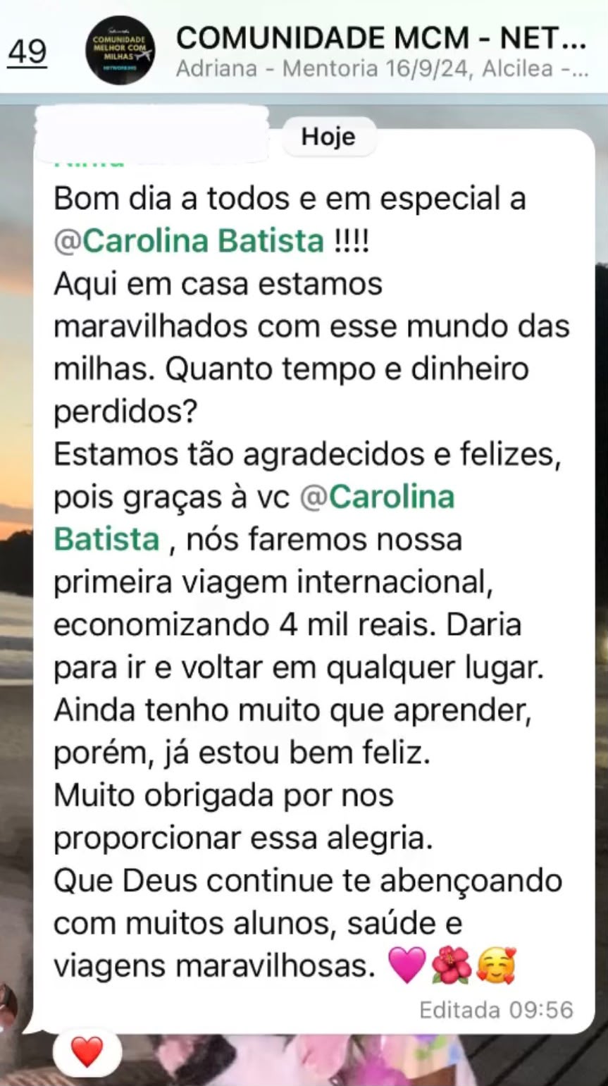 Mensagem de aluna agradecendo por conseguir a primeira viagem internacional economizando 4 mil reais