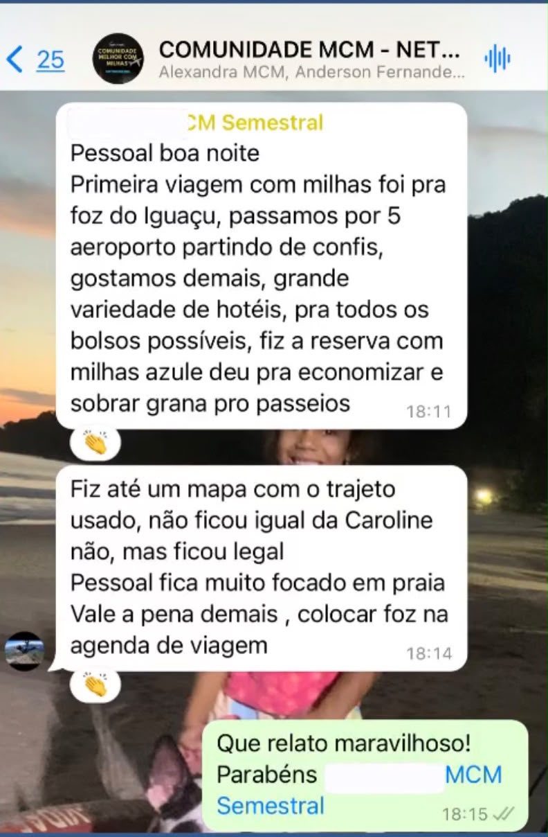 Mensagem de aluno contando a primeira viagem com milhas para Foz do Iguaçu e a reserva de hotel com milhas